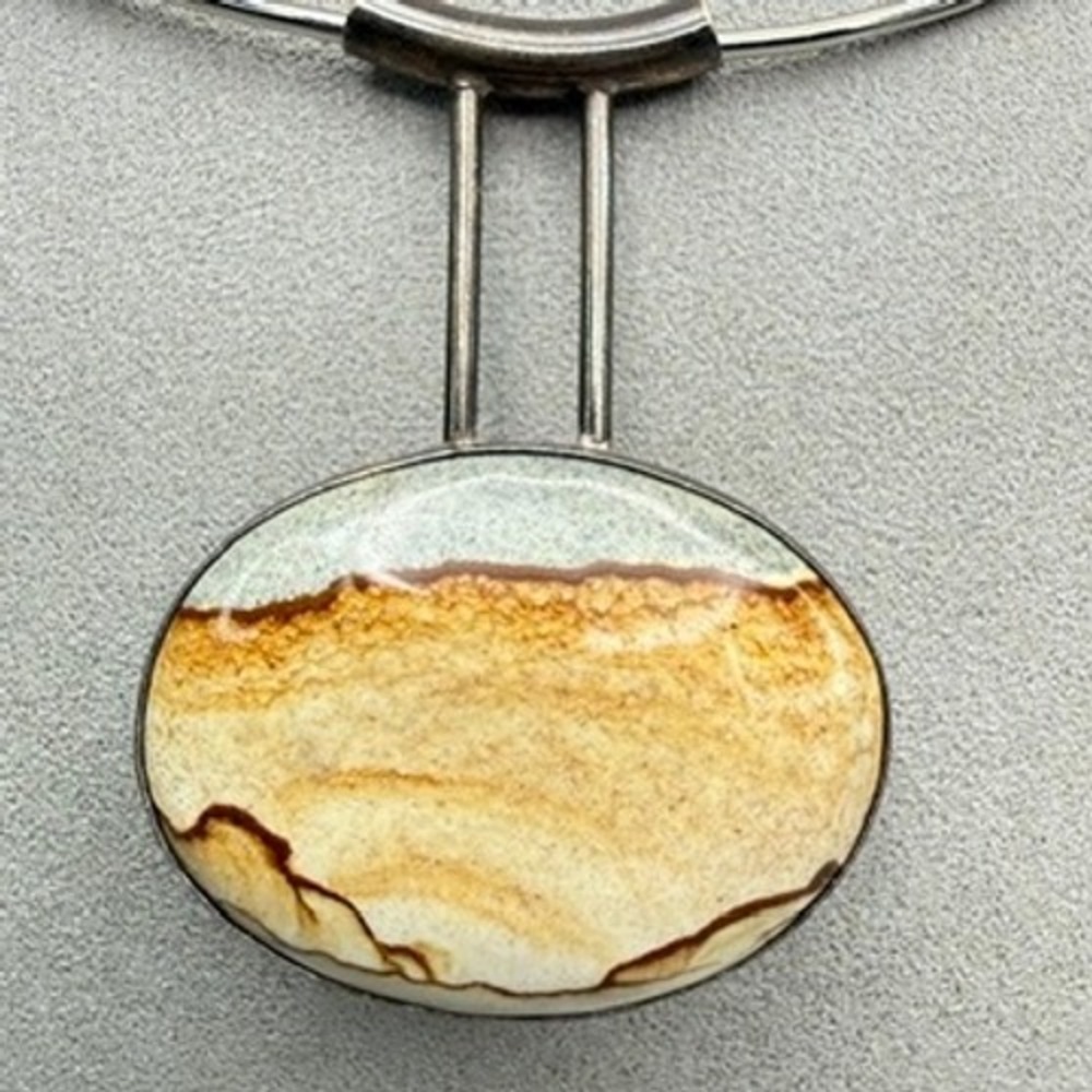 VTG Picture Jasper Wire Collar Necklace Pendant Silver Tone Brutalist MCM 16"